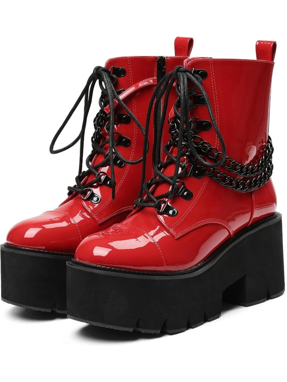 Women's Red Platform Lace Up Wedge Heel Round Toe Zipper Combat Ankle Boots